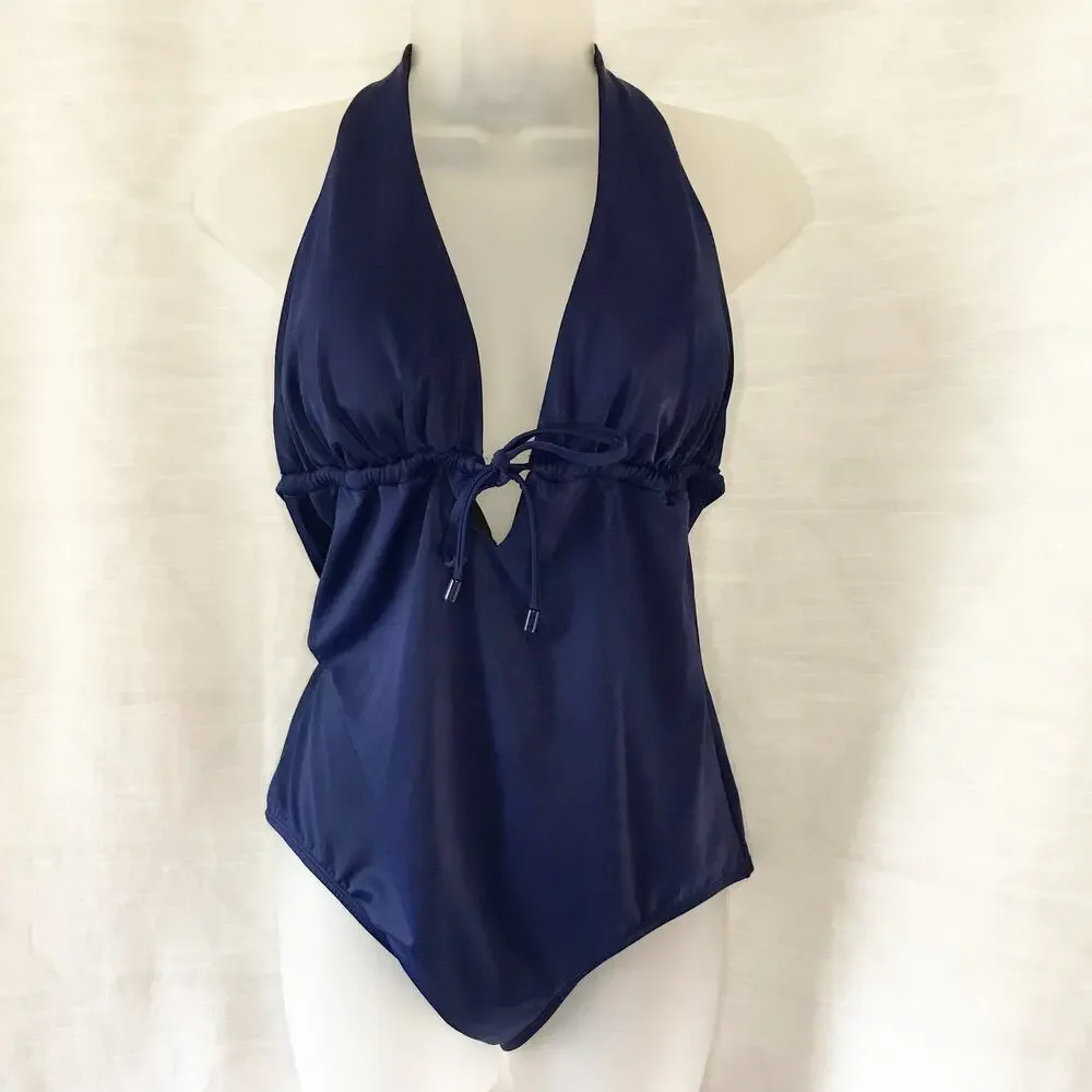 LANDS END sexy blue plunge tank one piece swimsuit